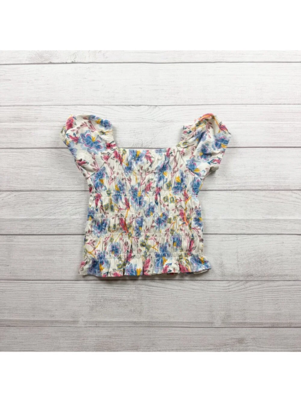 Old Navy Girls Floral Smocked Short Sleeve Top White Multicolor M 8